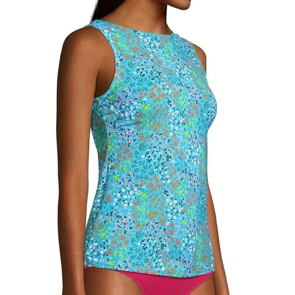 Lands End Floral Tankini Tank Top Womens Size 4 Turquoise UPF 50 Swim Beach